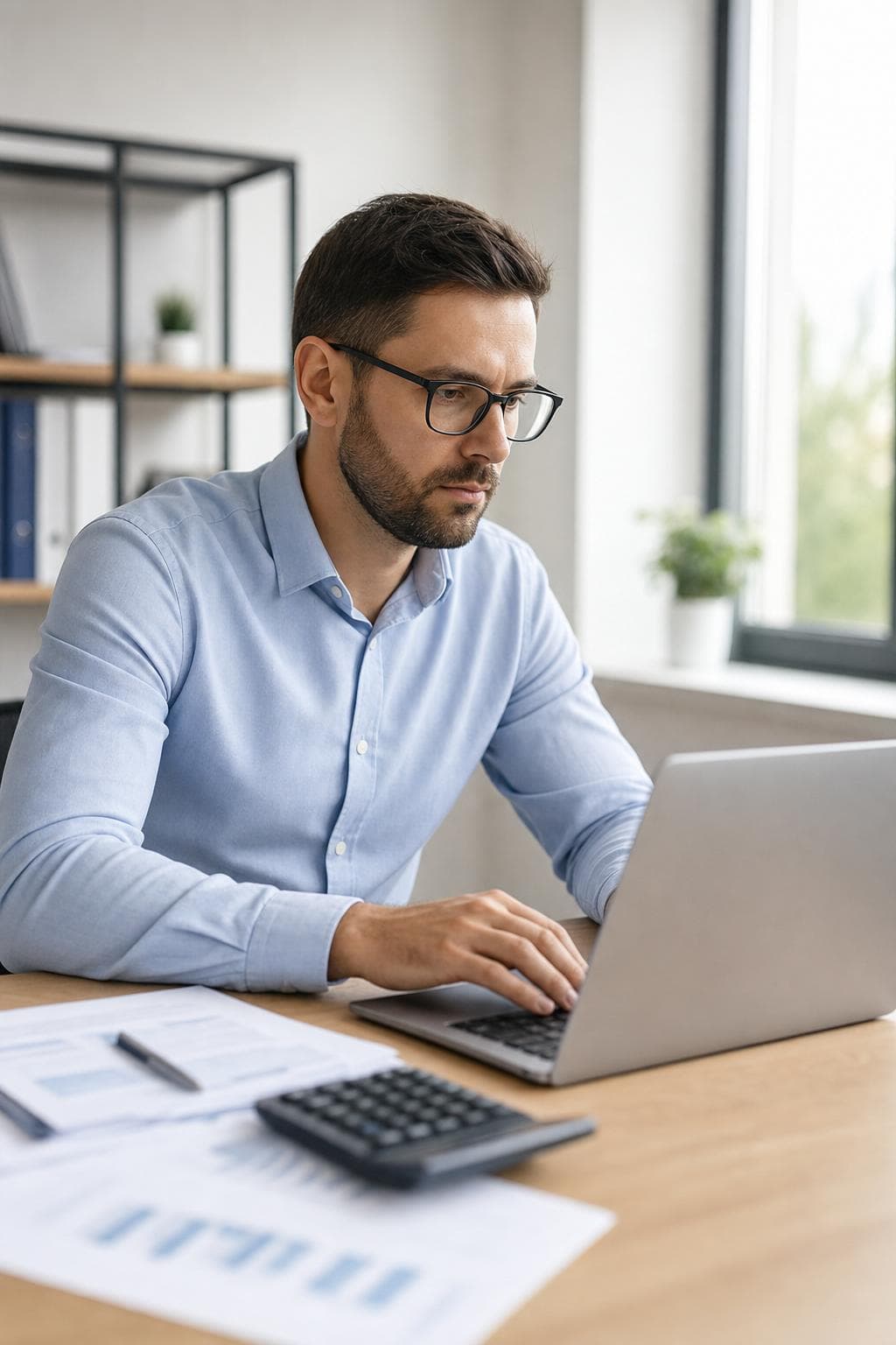 Accountant working at a desk with tax documents and a calculator