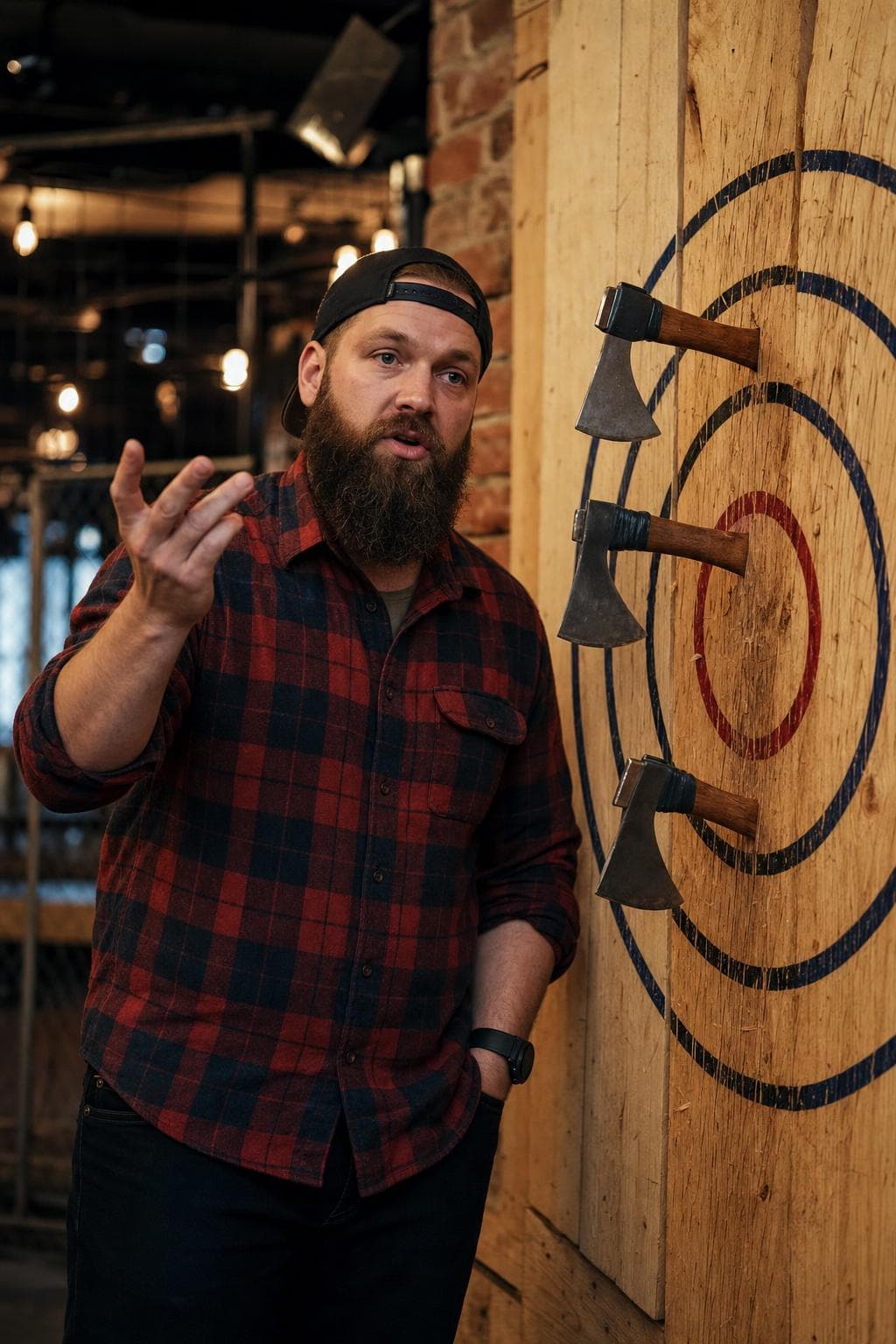 People throwing axes at wooden targets in an indoor venue
