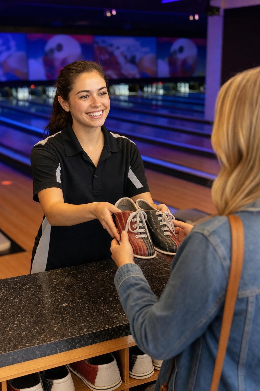 Bowlers at a busy bowling alley with lanes lit up