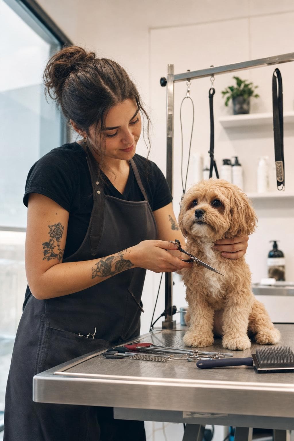 Pet groomer with a dog