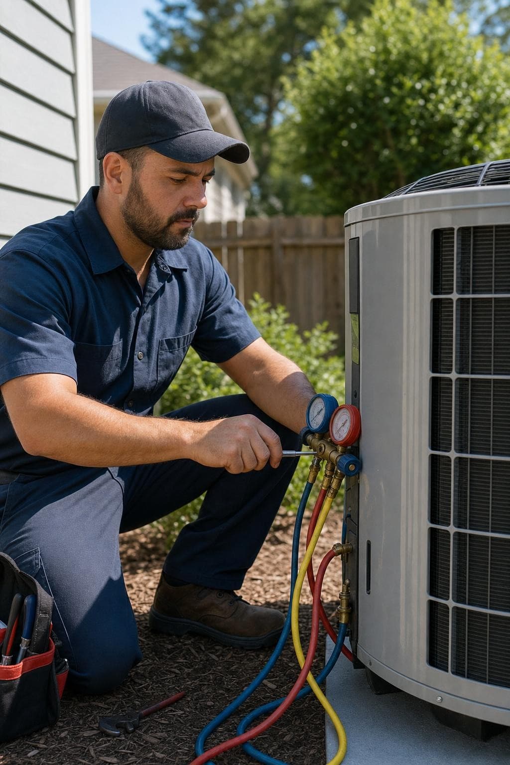 HVAC technician servicing an air-conditioning unit