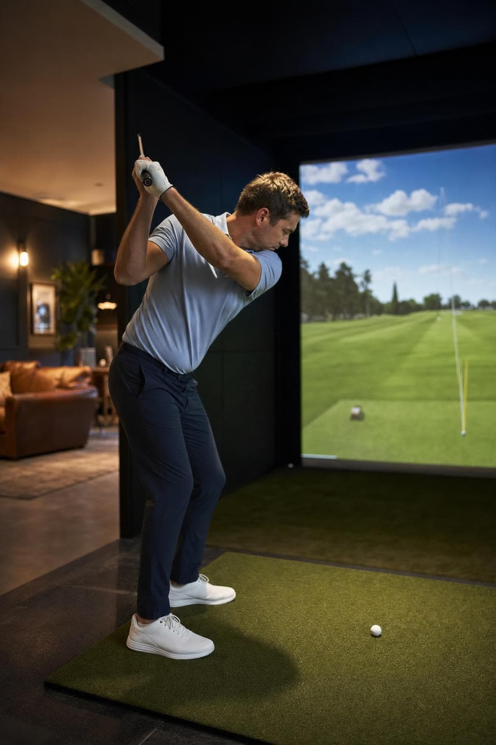 A golfer swinging a club in an indoor simulator bay