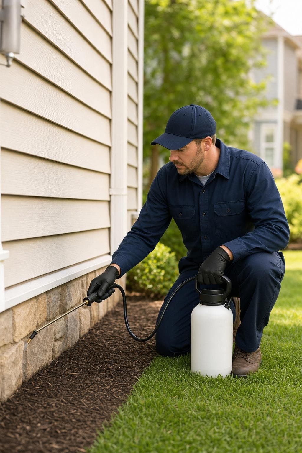 Pest control technician treating a home