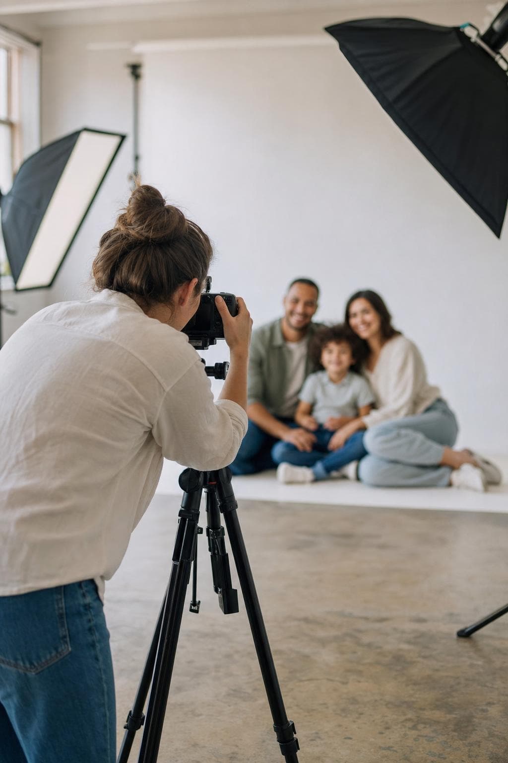 Photographer shooting a family portrait session in a studio
